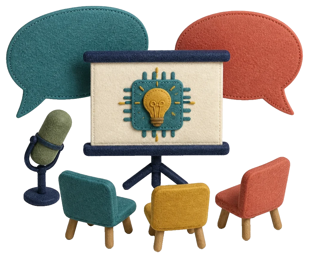Felt illustration of a talk: a presentation screen with a lightbulb, a microphone and three small chairs