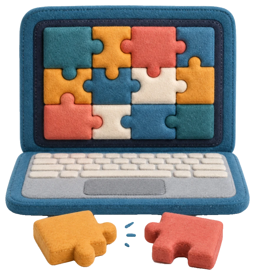 A felt illustration of a laptop whose screen is a grid of puzzle pieces, with two loose pieces in front