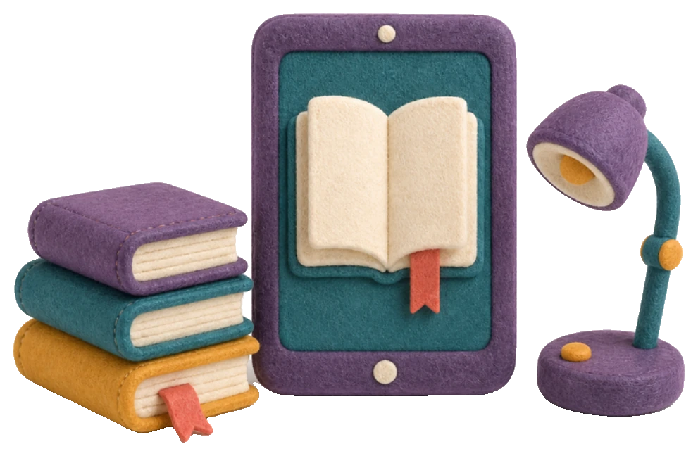 A felt illustration of a purple tablet showing an open book, beside a stack of books and a reading lamp
