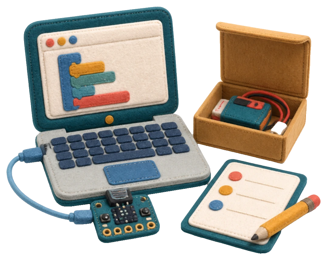 A felt illustration of a training desk: a laptop with code blocks, a micro:bit on a USB lead, an open kit box and a lesson plan