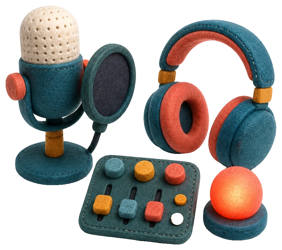 A felt illustration of a school podcast studio: a microphone with a pop filter, headphones, a small mixing desk and a lit recording light