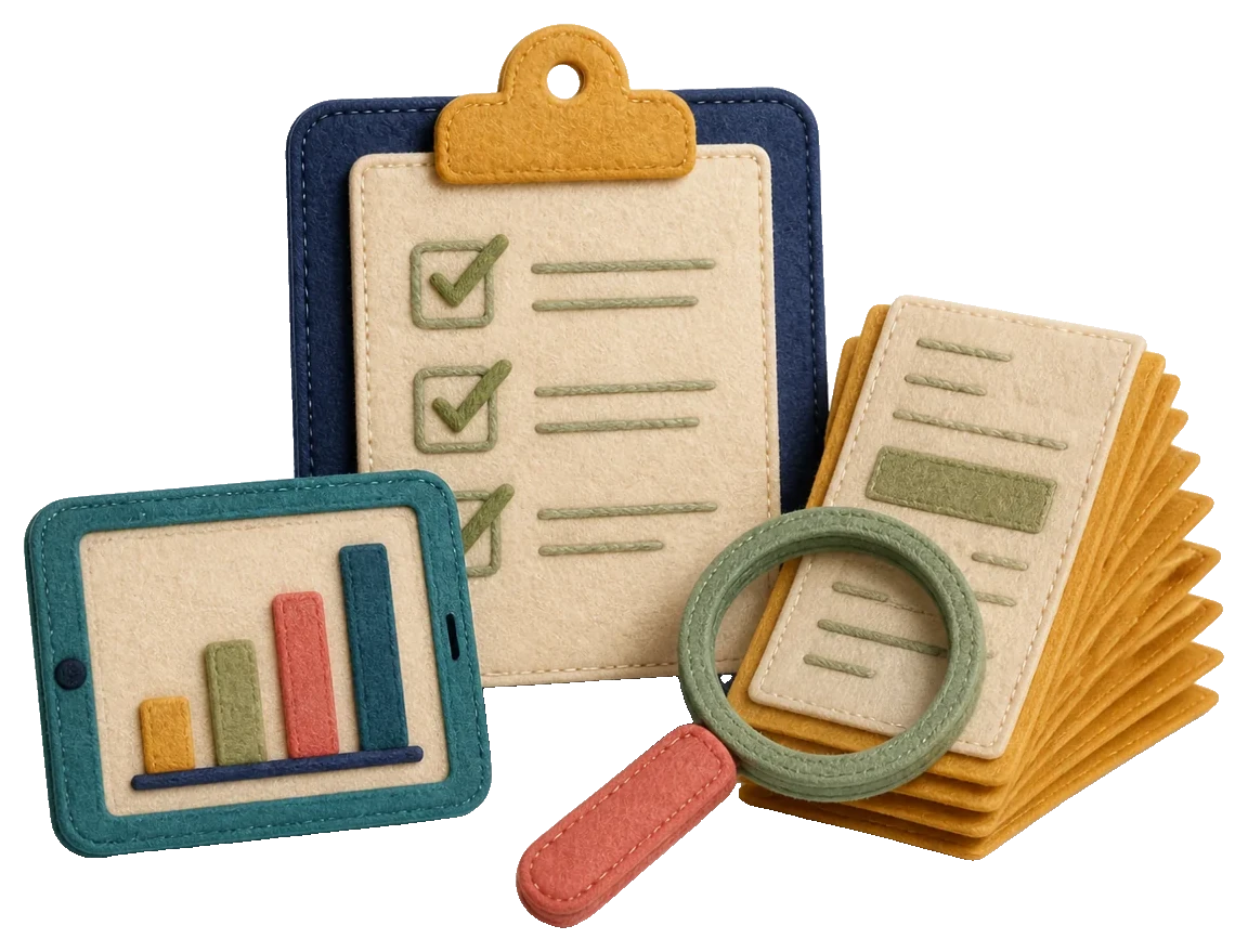 Felt illustration of an audit: a clipboard checklist, a tablet with a chart, a stack of invoices and a magnifying glass