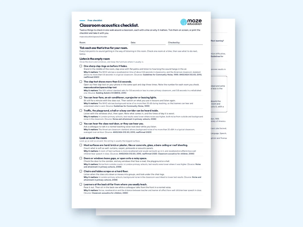 The two printed pages of the classroom acoustics checklist, with tick boxes and a line on why each check matters