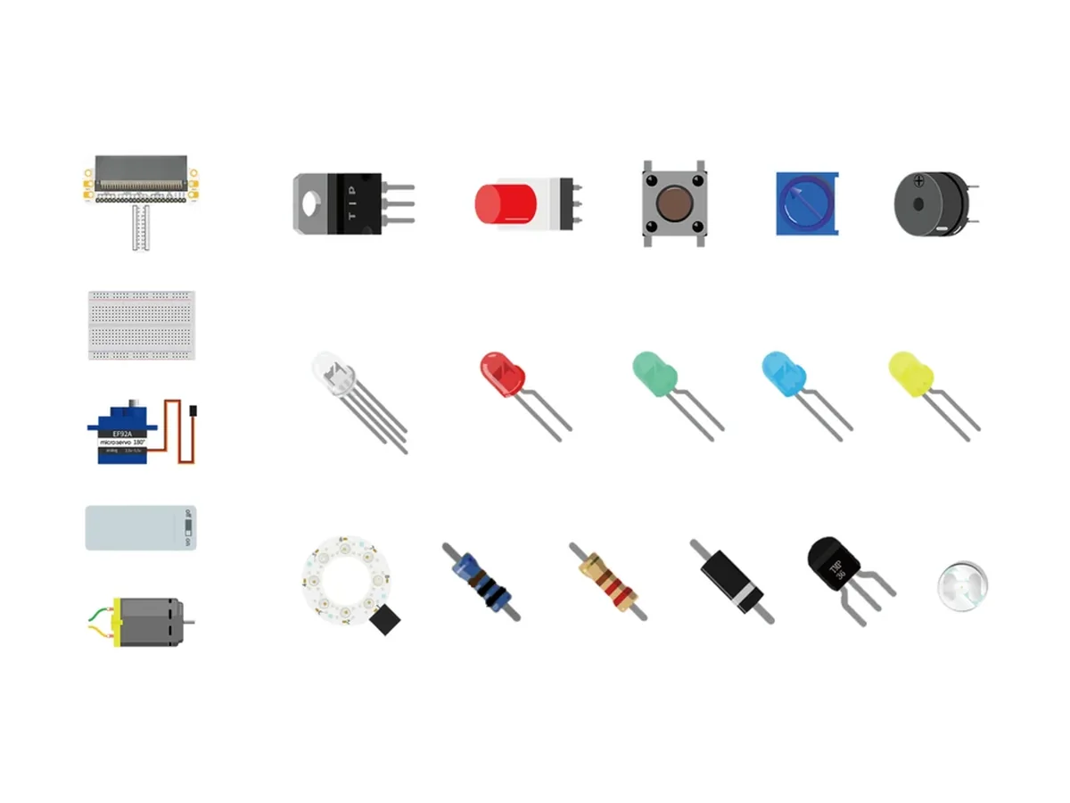 The parts in the Elecfreaks micro:bit Starter Kit laid out on white: a breadboard and its micro:bit adapter, a servo, a battery holder, a motor, LEDs, resistors, a push button and sensors