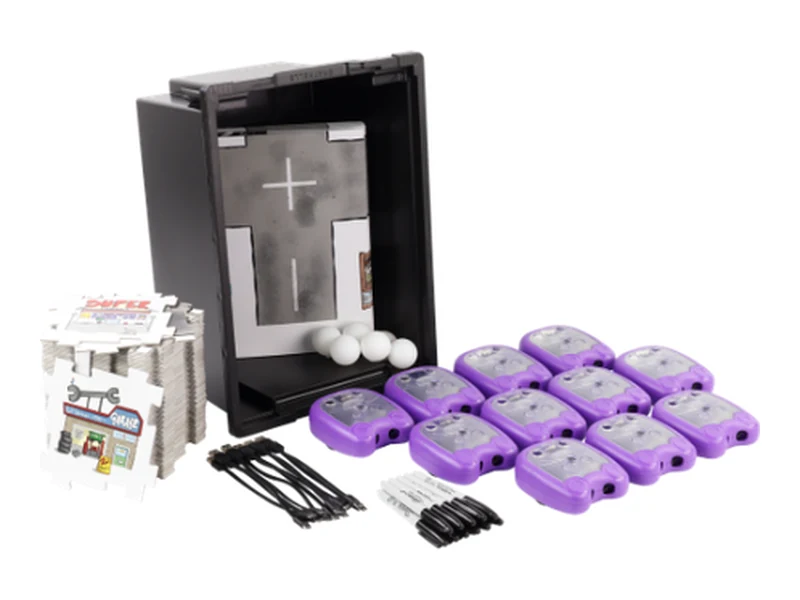The Mai-Z Class Set: eleven purple Mai-Z robots, a black storage tray with posters inside, floor tiles, table tennis balls, charging cables and markers
