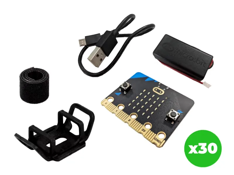 A micro:bit board with USB cable, battery holder, strap and holder, one of thirty sets