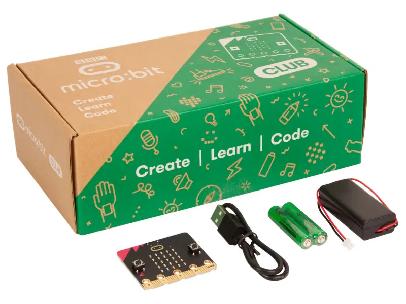 micro:bit Club box with a board, USB cable, two AAA batteries and a battery holder