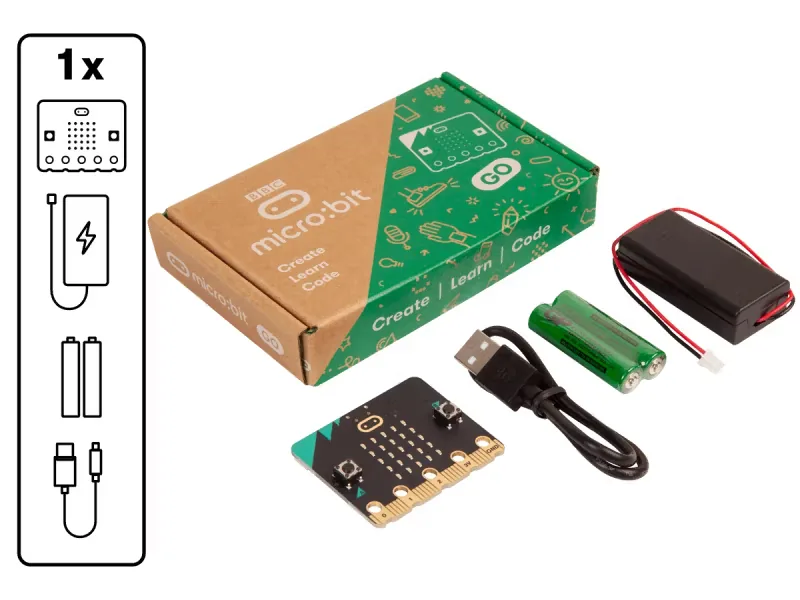 micro:bit Go kit contents: board, USB cable, battery holder and two batteries